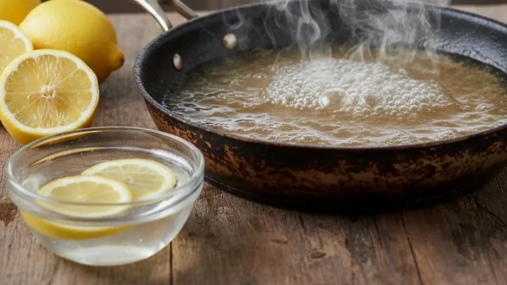 Boiling water in a burnt pan next to a glass bowl of water with lemon slices and whole lemons on a wooden surface