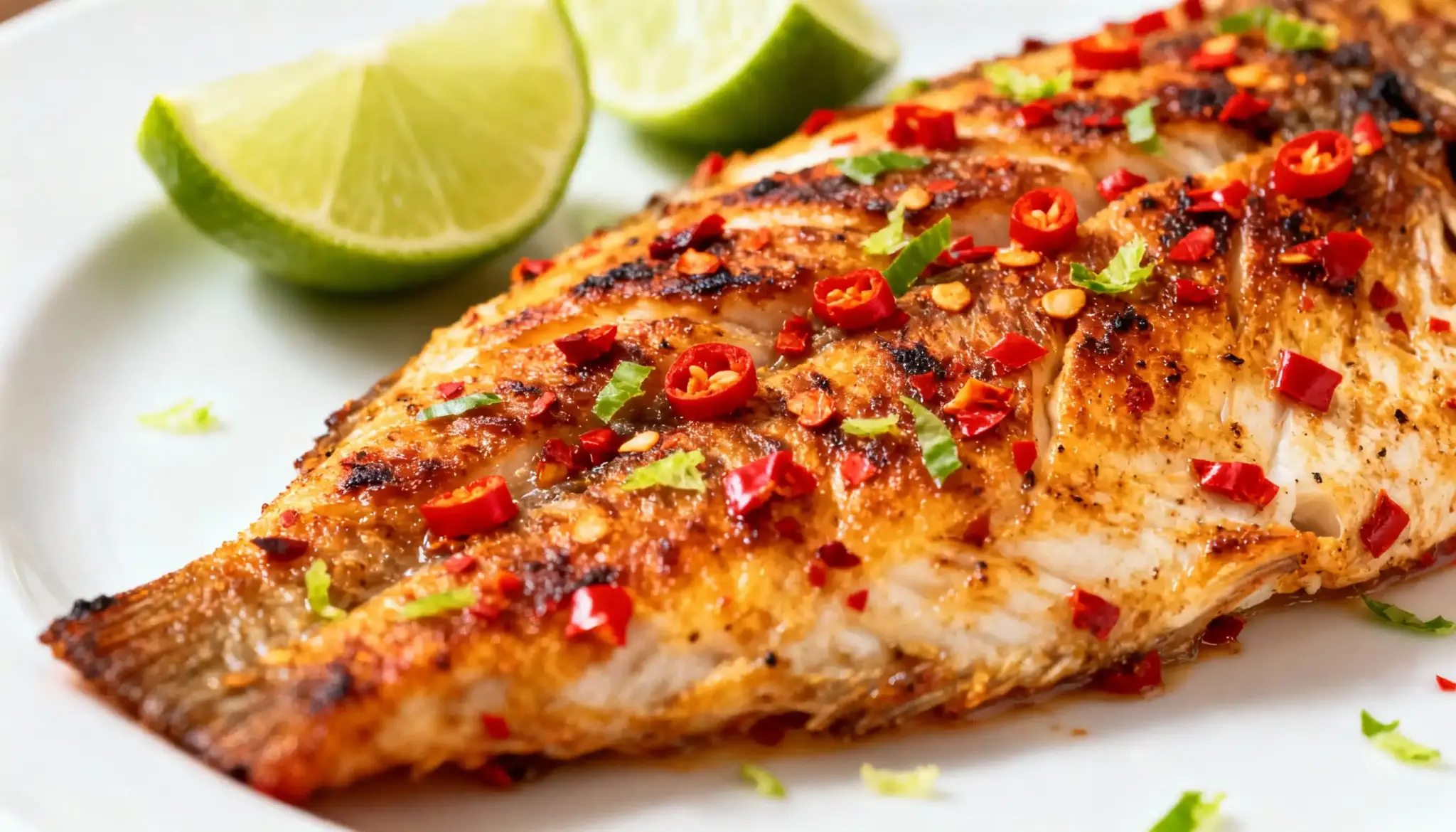 Broiled tilapia fillet topped with sliced red chilies and lime zest, served with fresh lime wedges on a white plate