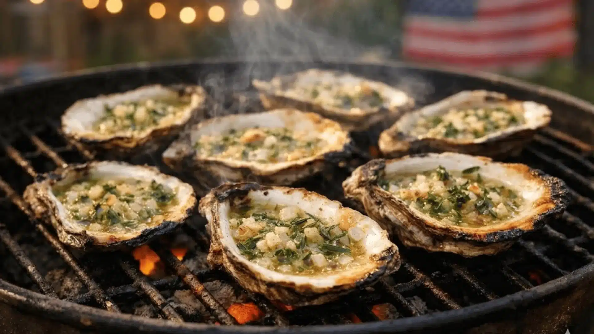 Chargrilled oysters cooking on a charcoal grill with bubbling herb butter, rosemary, thyme, shallots, and fresh lemon halves on the side.