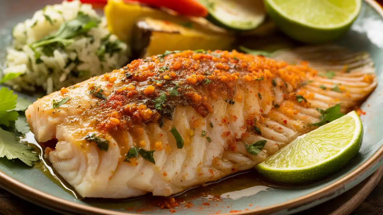 Chili-lime broiled tilapia on a plate, garnished with lime and accompanied by assorted vegetables