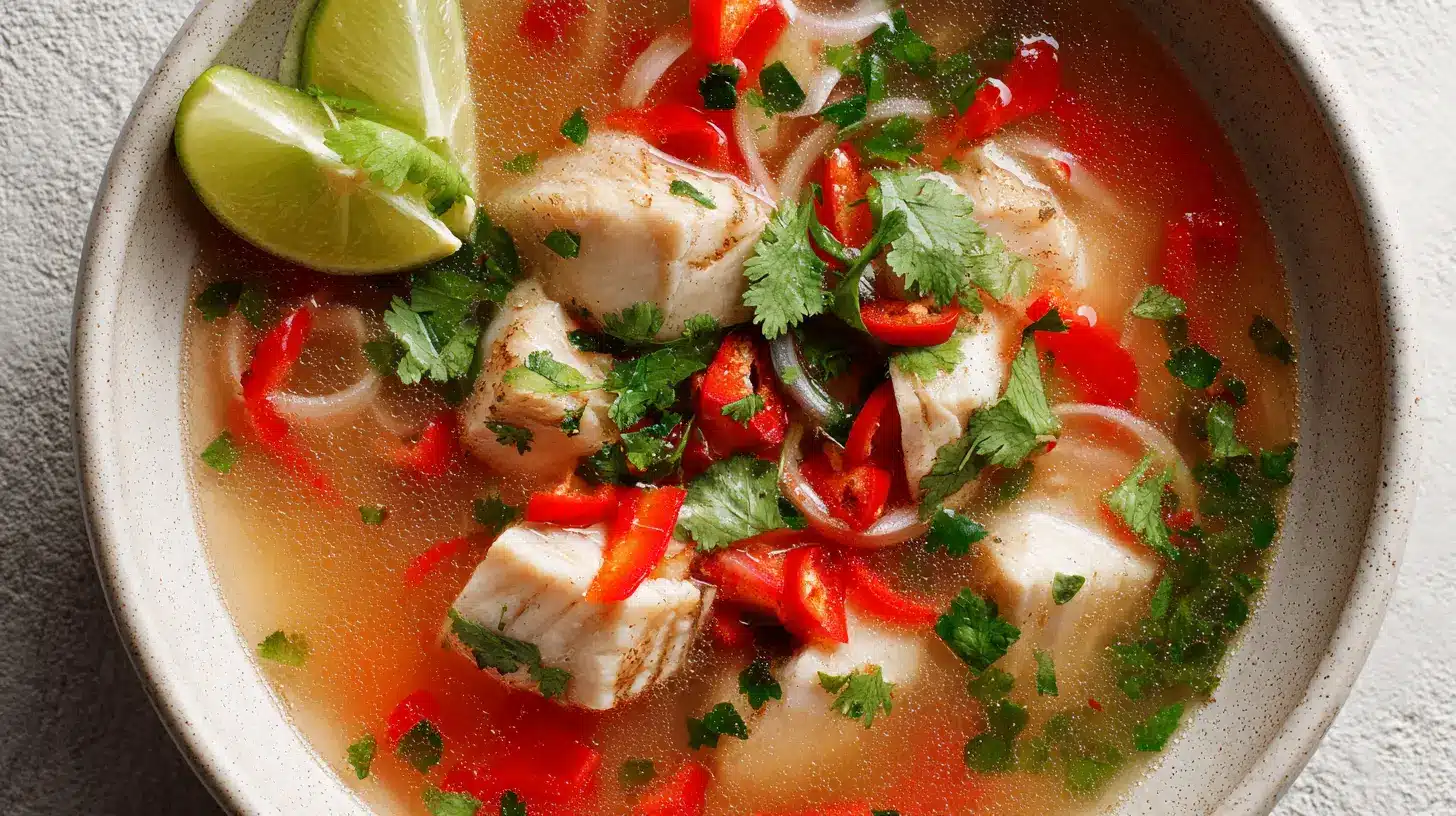 Close-up of white fish chunks in a clear reddish broth garnished with red chili slices fresh cilantro and limes in a ceramic bowl.