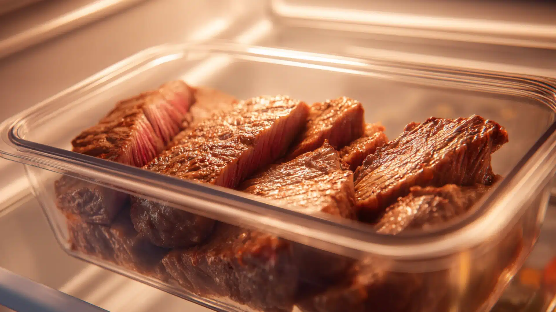 Cooked beef steak slices in a clear container sit on a glass refrigerator shelf under warm golden internal light