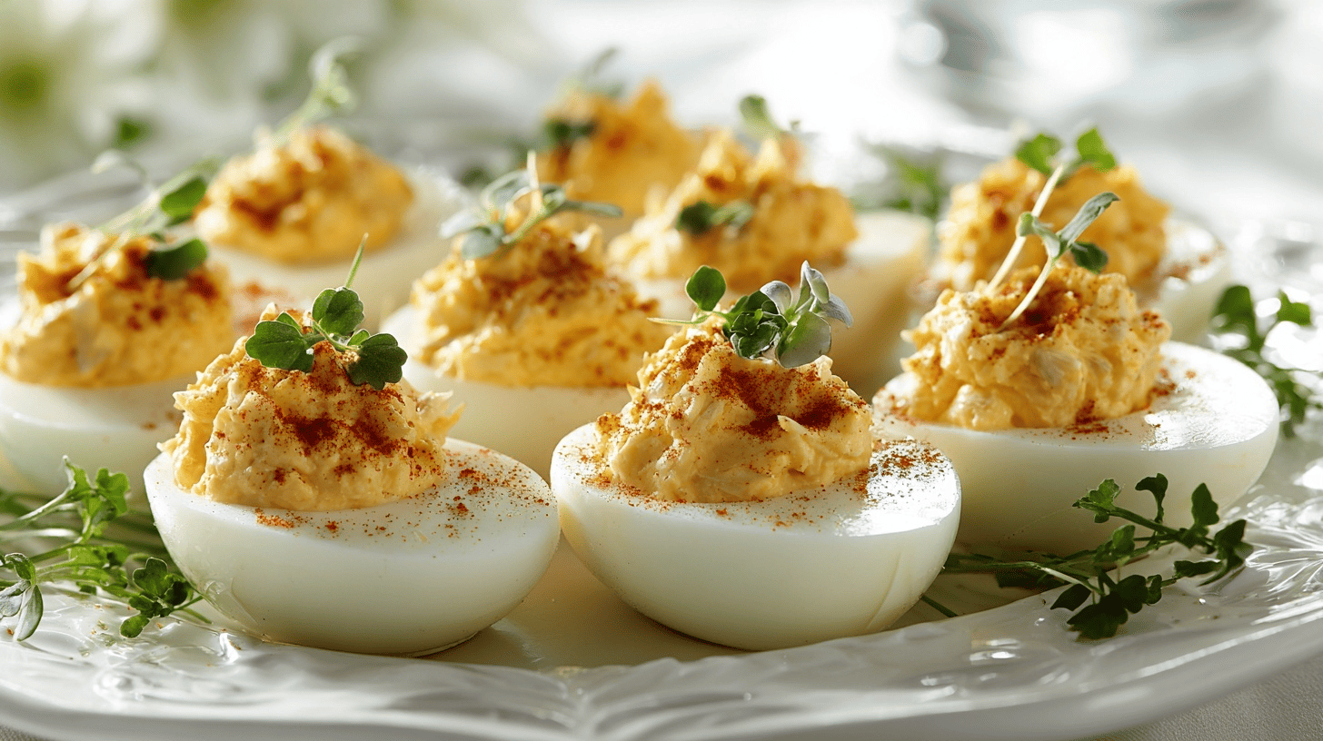 Crab-stuffed deviled eggs garnished with fresh parsley on a white plate