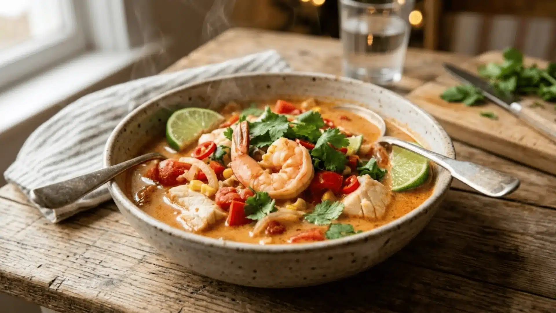 Creamy Mexican seafood soup with shrimp, fish, and lime in a rustic bowl on a wooden table.