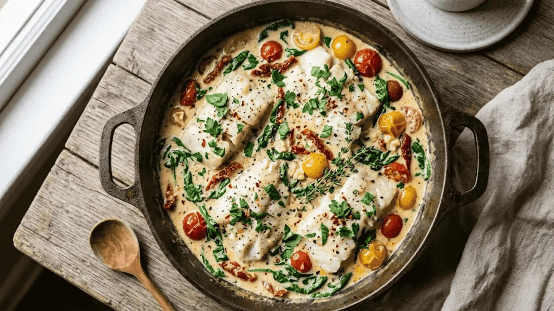 Creamy Tuscan fish skillet with spinach, sun-dried tomatoes, and herbs in a rustic pan