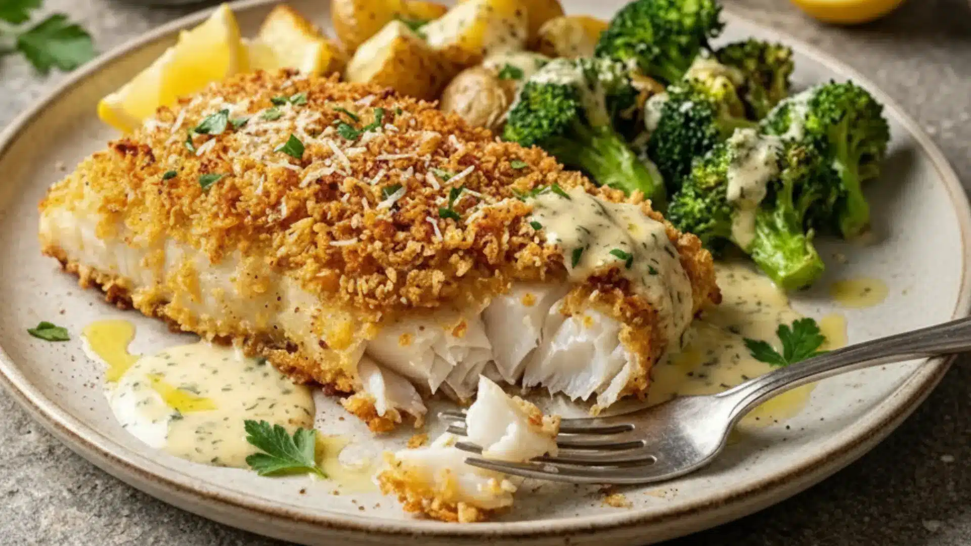 Crispy Panko Topped Cod served with roasted potatoes and broccoli drizzled in cream sauce on a rustic stone countertop