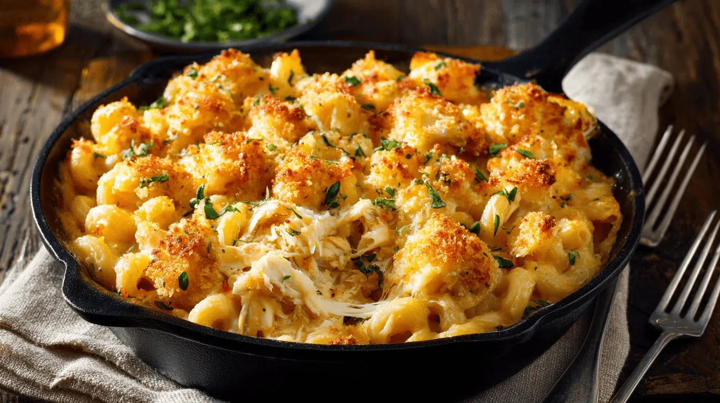 Dungeness Crab Mac and Cheese in a skillet, topped with a fork resting beside it