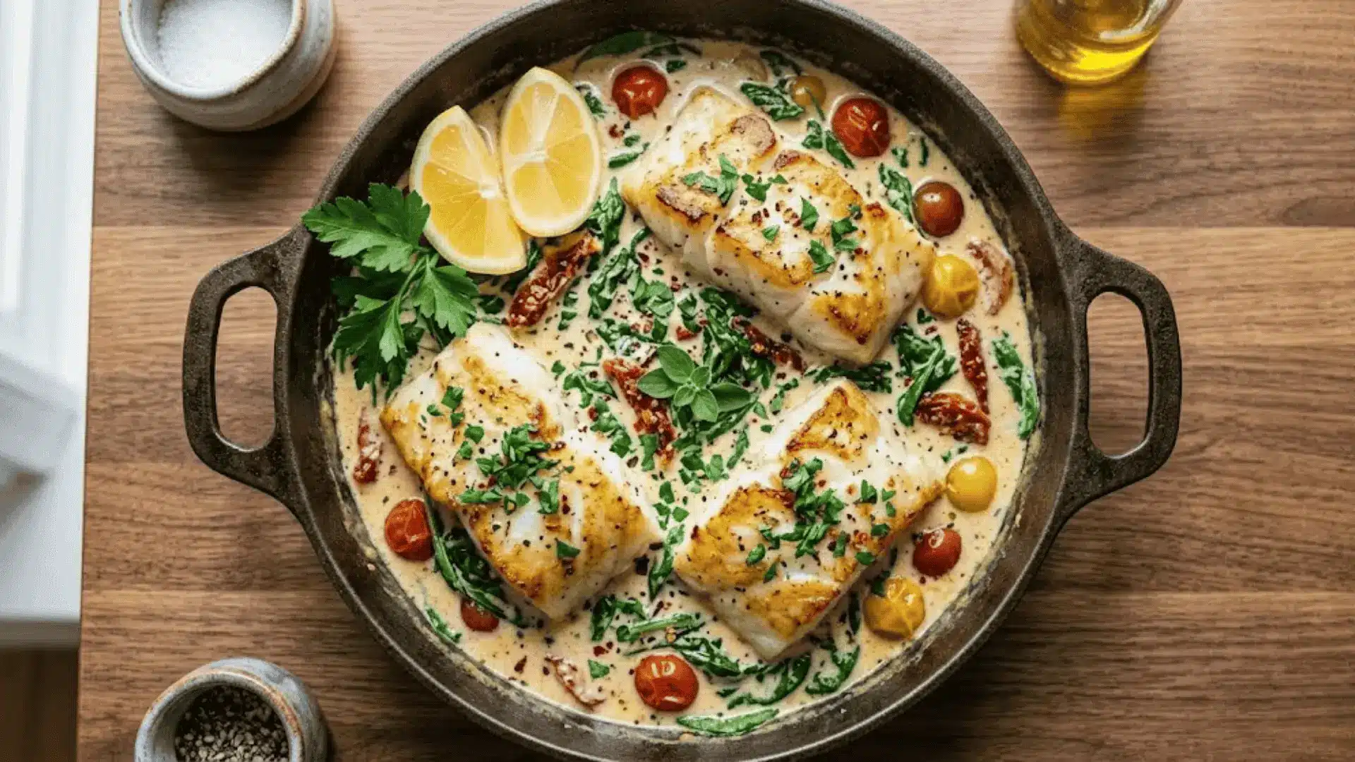 Final Tuscan fish skillet with creamy sauce, spinach, tomatoes, and lemon wedges