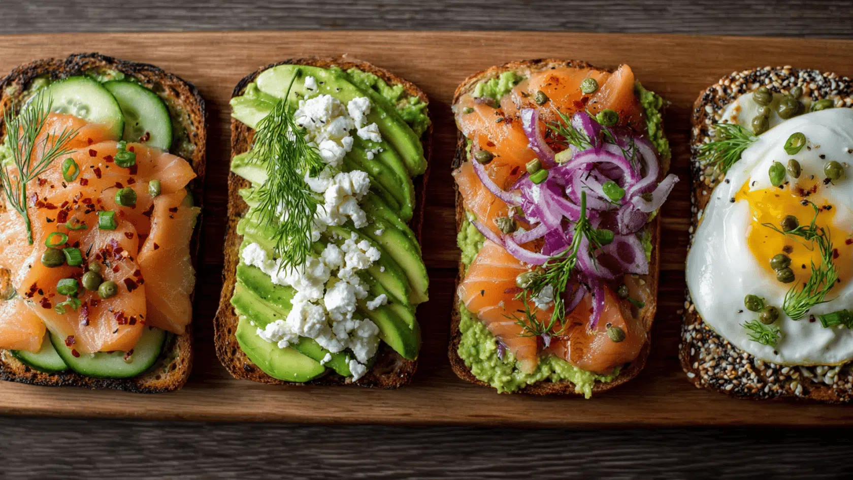 Four open-faced sandwiches topped with salmon, avocado, cucumber, and sliced eggs on a wooden serving board