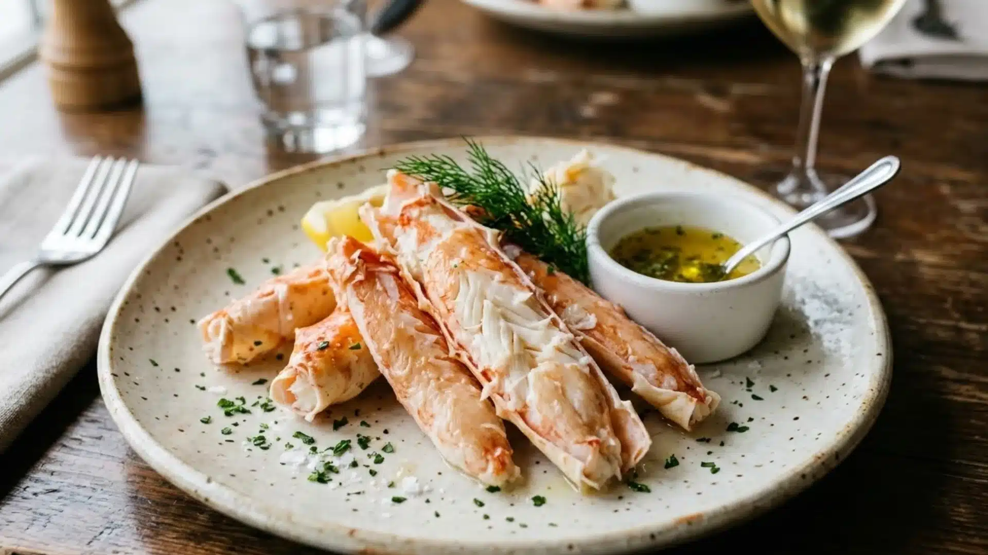 Four segments of cooked crab legs with no shell, served with butter, lemon, and dill served on a stoneware plate on a wooden table