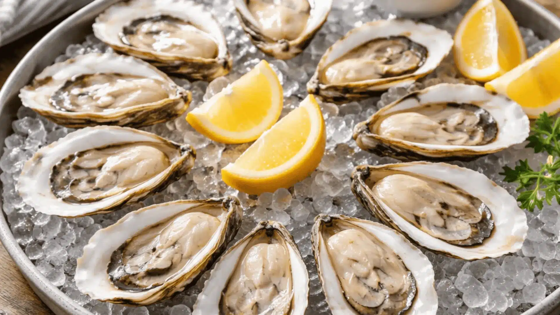 Fresh raw oysters on ice with lemon wedges showing low oyster calories and healthy seafood choice