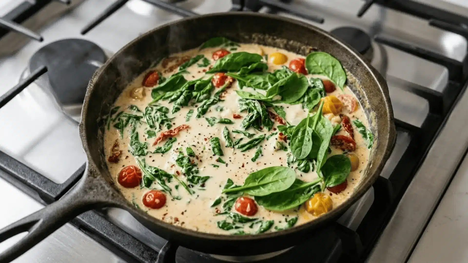 Fresh spinach wilting into a creamy parmesan sauce with sun-dried tomatoes