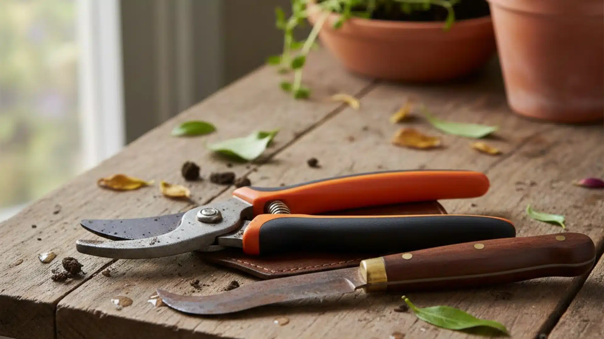 Garden shears with orange and black handles and a wooden gardening knife on a wooden surface scattered with dirt and green leaves