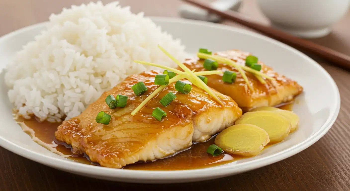 Ginger-Soy Whitefish fillets served with white rice, sliced ginger, and garnished with chopped scallions on a white plate