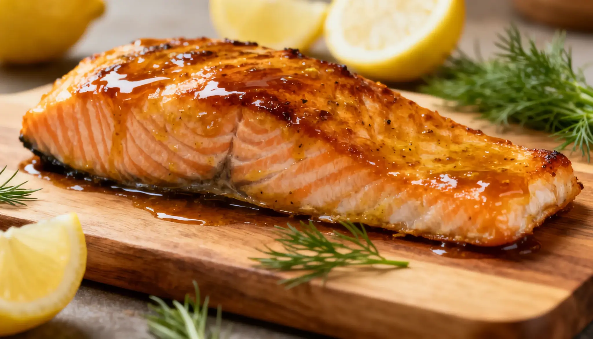 Glazed Honey-Mustard Oven Salmon on a wooden board, garnished with fresh dill and lemon wedges for a perfect healthy meal