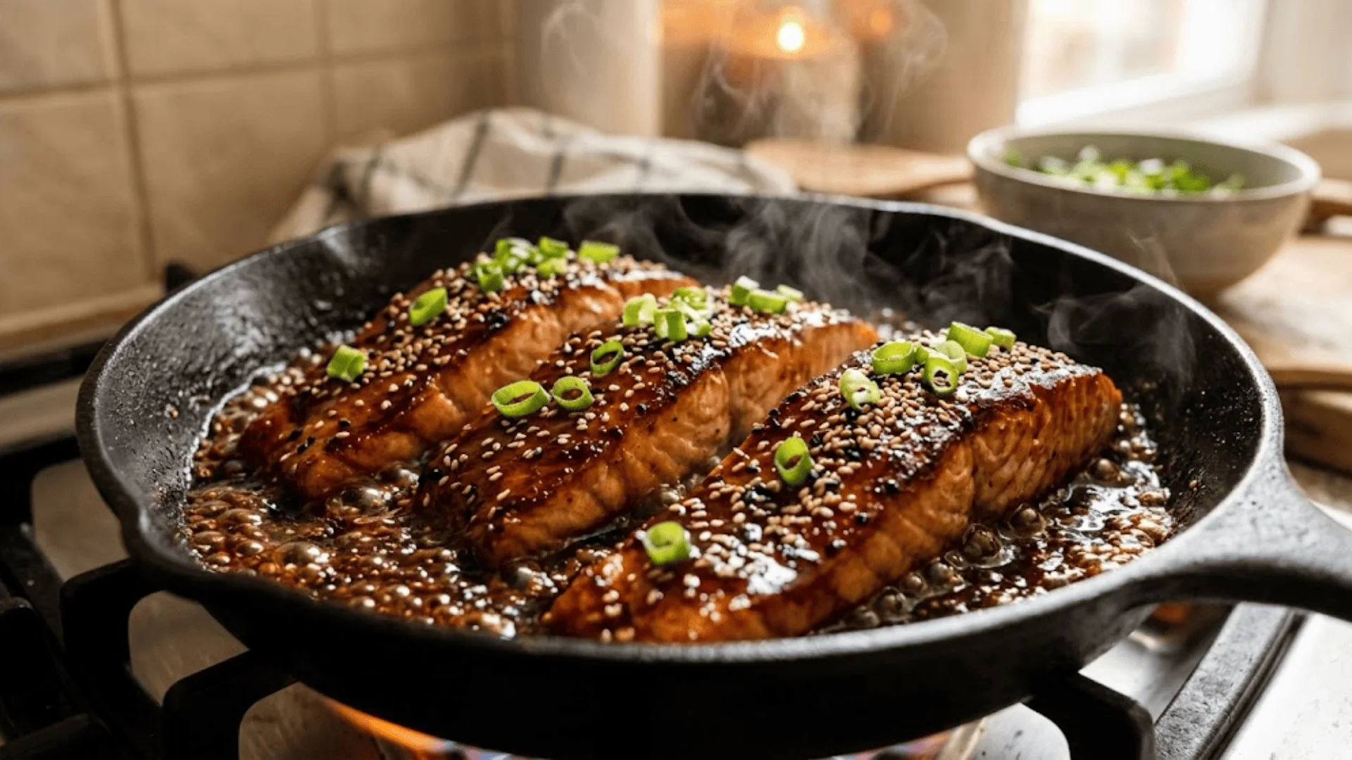 Glossy teriyaki salmon fillets simmering in a skillet with sesame seeds, green onions, and steam