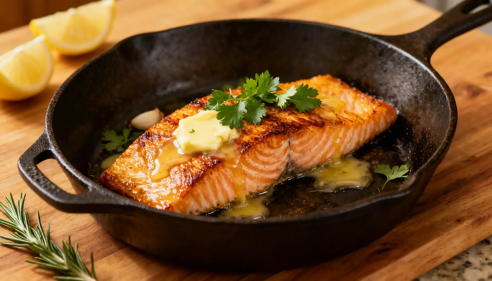 Golden Garlic-Butter Skillet Salmon seared to perfection in a cast-iron pan with fresh herbs and melting butter