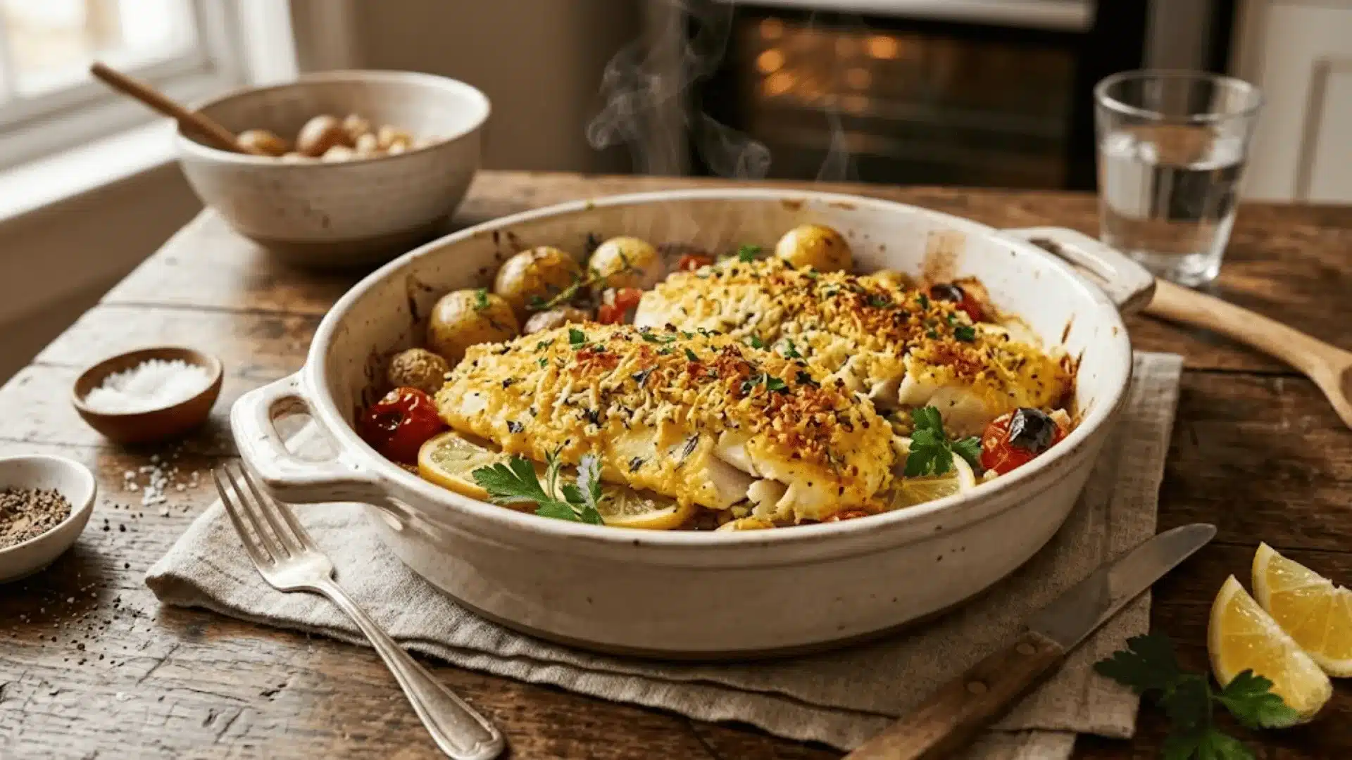 Golden Parmesan herb baked haddock in a ceramic dish on a rustic table with steam and lemons