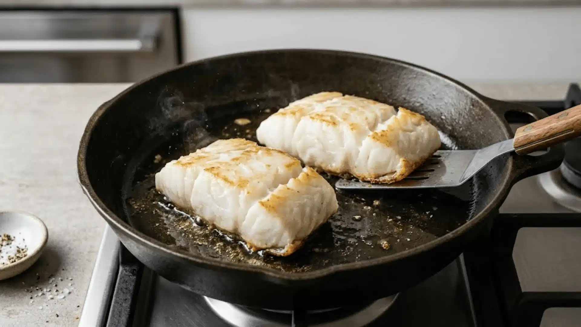 Golden pan-seared white fish fillets sizzling in a rustic cast-iron skillet