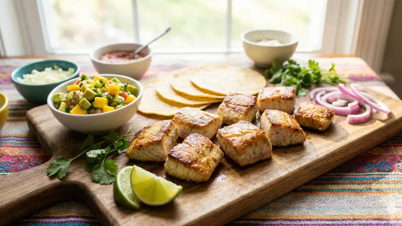 Grilled haddock on a wooden cutting board, accompanied by fresh salsa and lime wedges