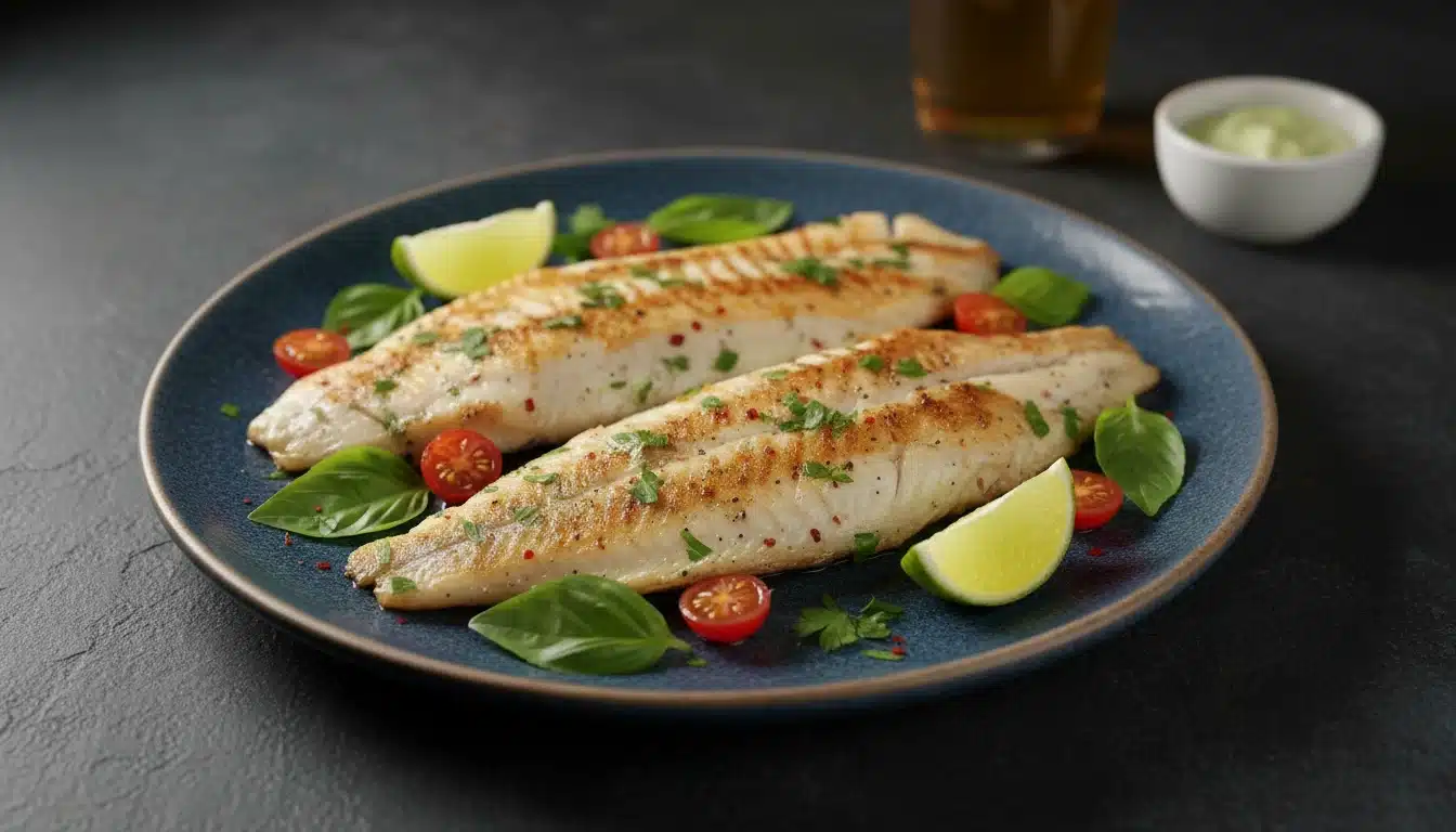 Grilled tilapia fillet topped with tomatoes and basil, served on a blue plate