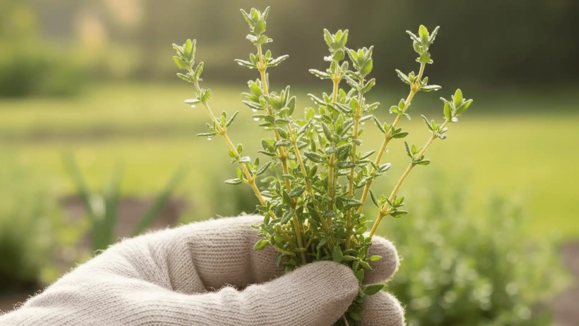 Harvesting fresh thyme stems in the morning without cutting woody parts.