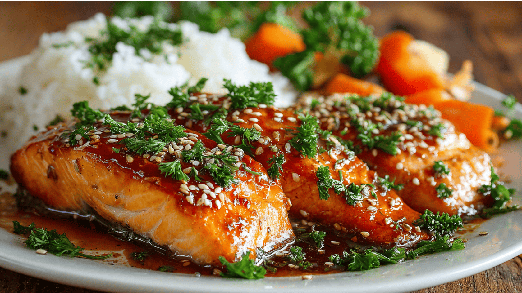 Honey garlic salmon accompanied by a serving of rice and a medley of fresh vegetables on a white plate