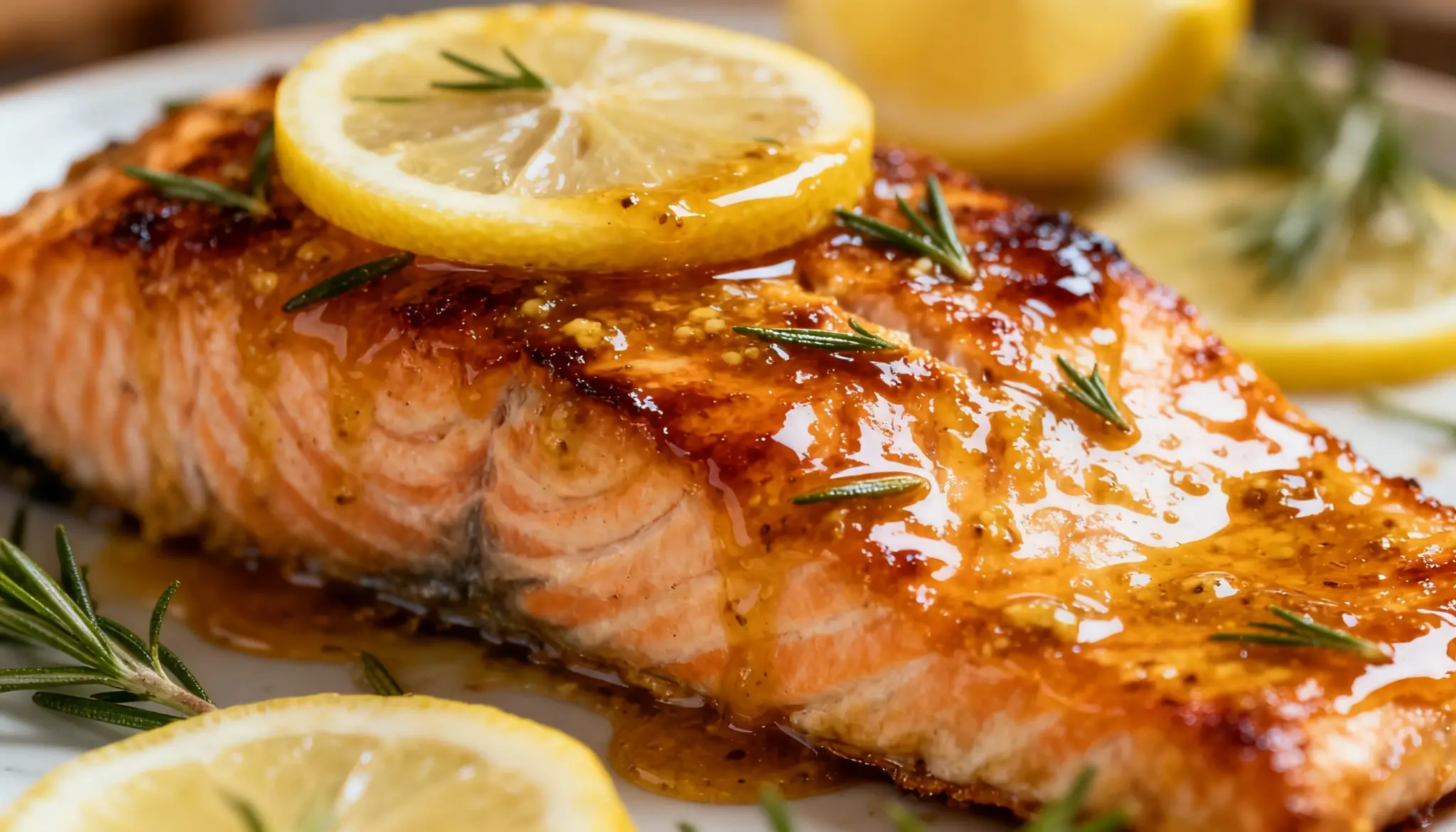 Honey-mustard glazed salmon topped with a lemon slice and fresh rosemary, showing a glossy, caramelized surface