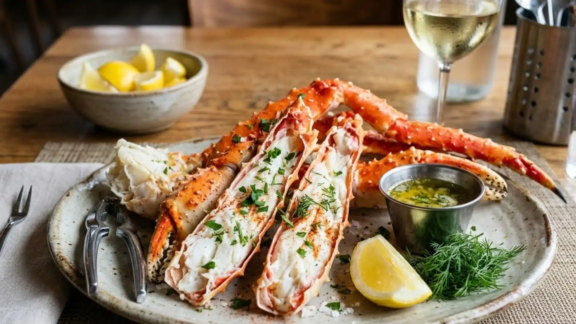 Image of a half pound of crab legs garnished with herbs, served with melted butter, a lemon wedge, and crab crackers on a plate