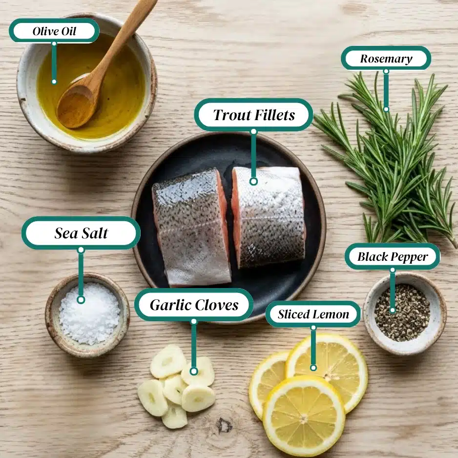 Ingredients for Rosemary and Olive Oil Trout, including trout fillets, olive oil, sea salt, garlic cloves, sliced lemon, rosemary, and black pepper