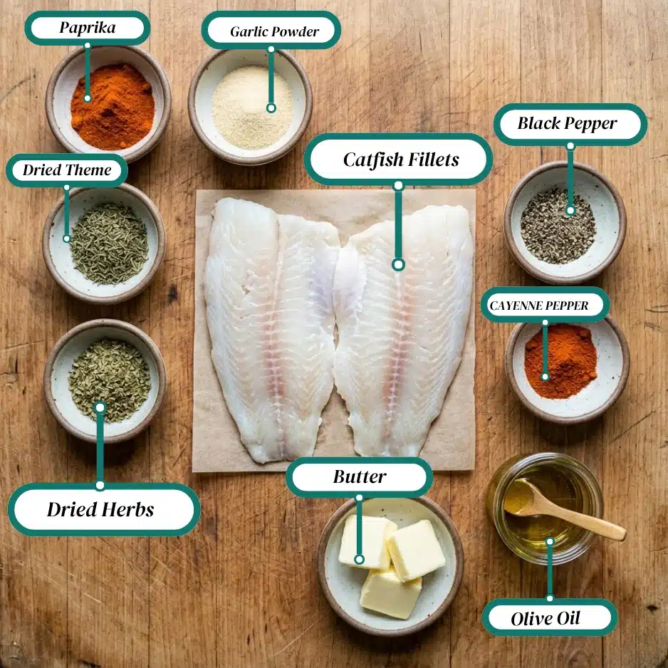Ingredients for making cat fish with herbs, spices, butter, and oil, on a wooden surface