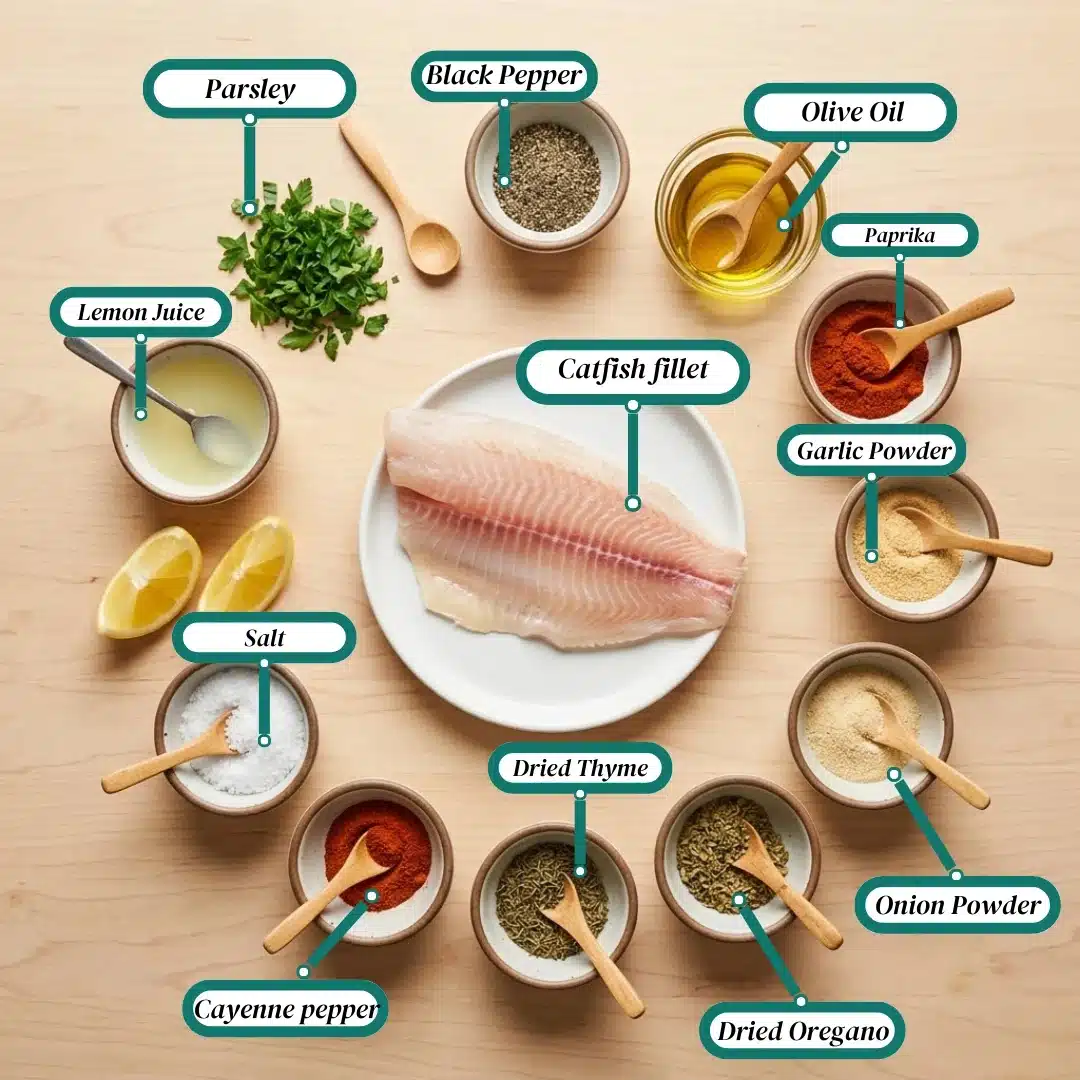 Ingredients of Cajun Spiced Baked Catfish on a plate, with raw catfish fillet, lemon juice, olive oil, seasonings, and fresh parsley