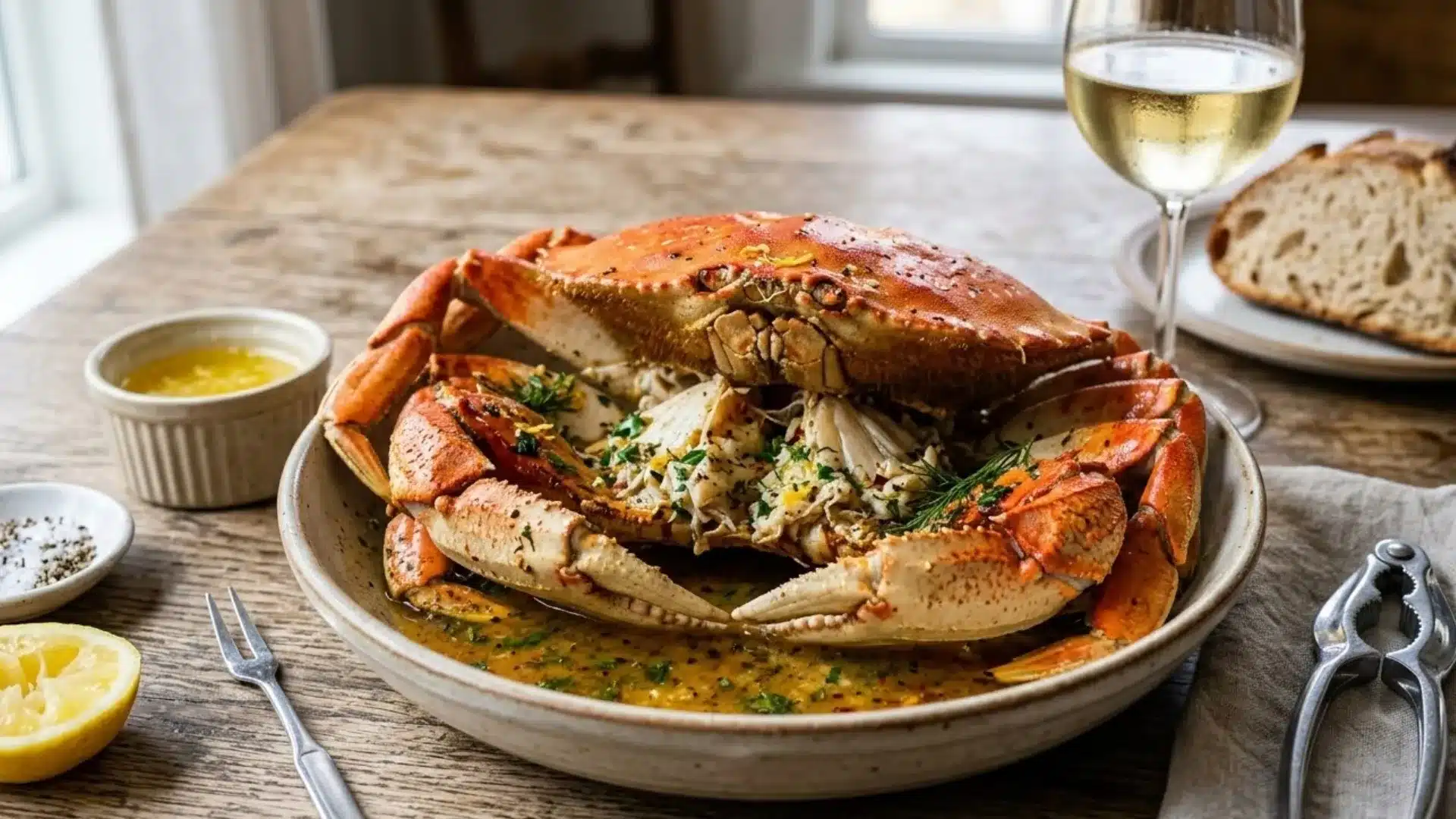 Is Dungeness Crab healthy for you, served in a bowl with broth and herbs, alongside melted butter, lemon, wine, and bread