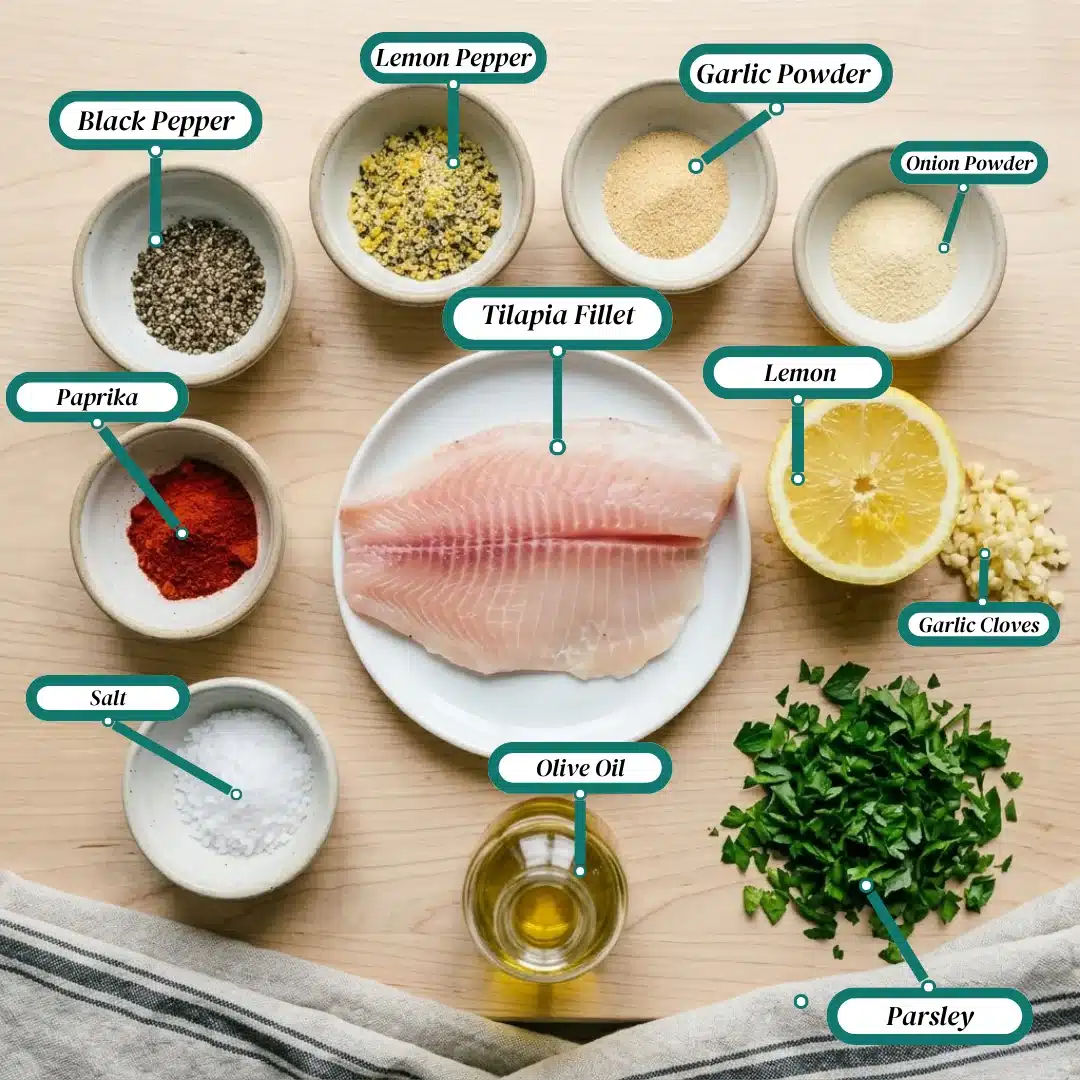 Lemon-Pepper Tilapia ingredients in bowls, including seasoning, and various spices, lemon, garlic, olive oil, and parsley
