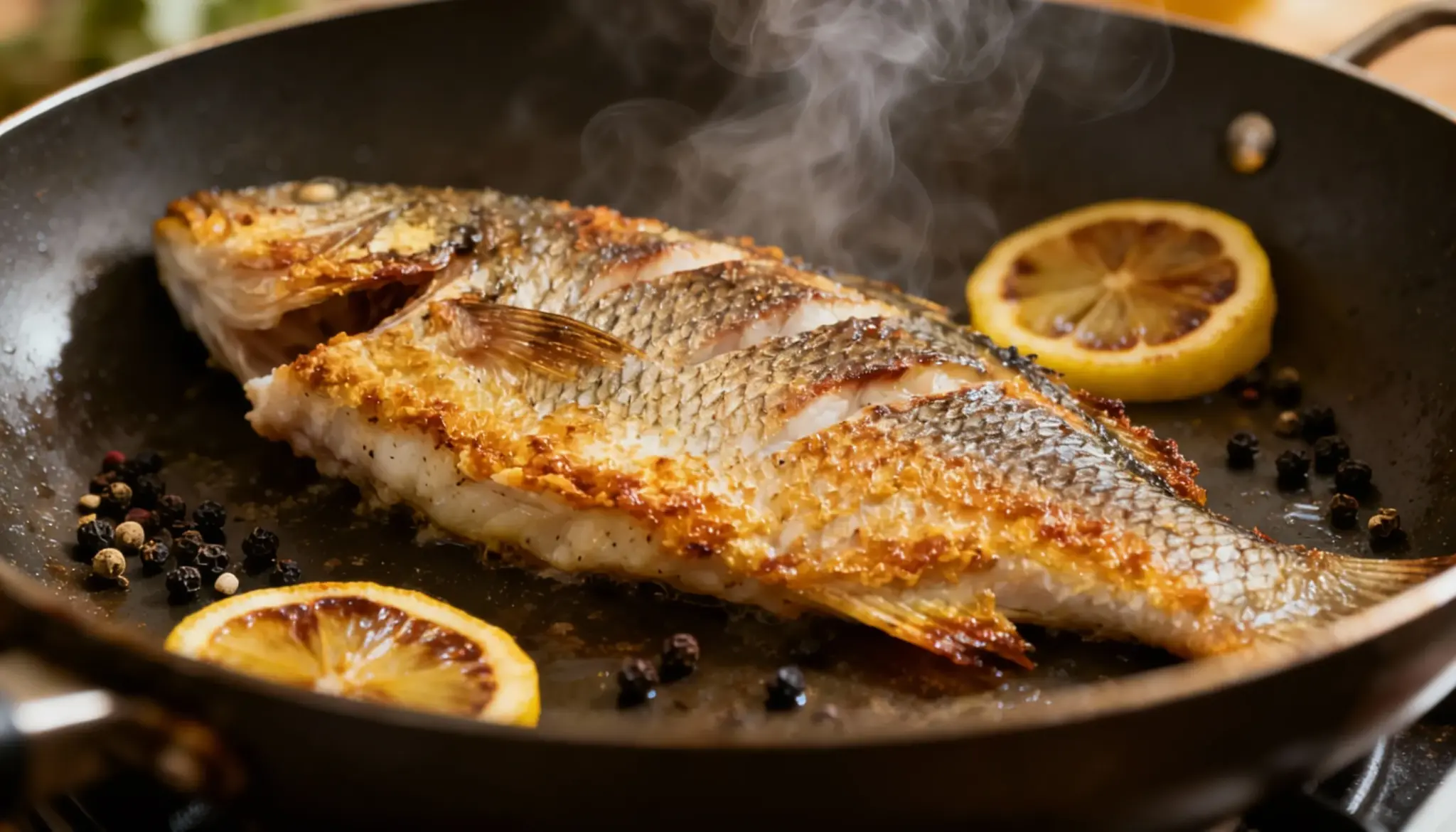Lemon Pepper Tilapia with crispy skin steaming in a dark pan alongside lemon slices and peppercorns