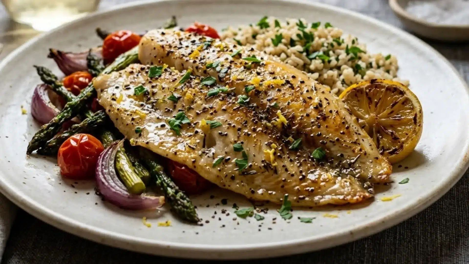 Lemon pepper tilapia fillet, served with roasted asparagus, red onion, cherry tomatoes, brown rice, and a charred lemon slice
