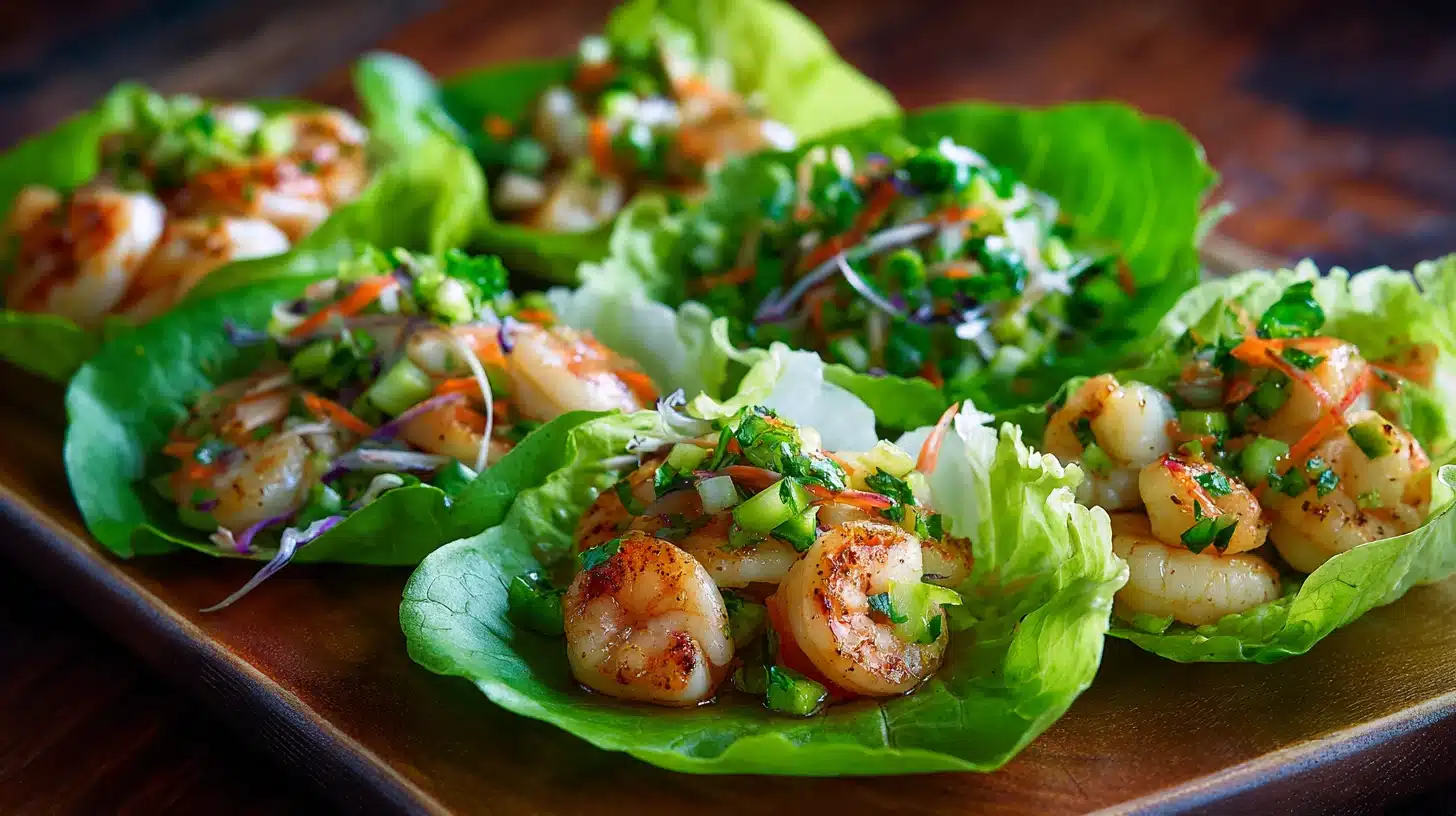 Lettuce cups filled with shrimp and assorted vegetables, presented as seafood medley wraps