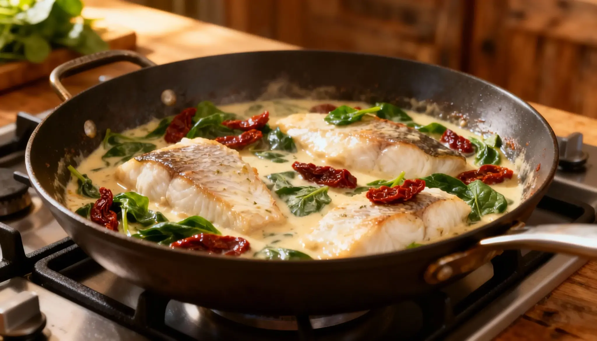 Light Creamy Tuscan Fish fillets simmer on the stovetop in a creamy sauce with spinach and sun-dried tomatoes