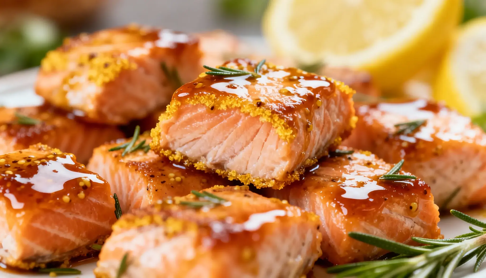 Maple-Dijon Salmon Bites garnished with fresh rosemary sprigs, with blurry lemon slices in the background