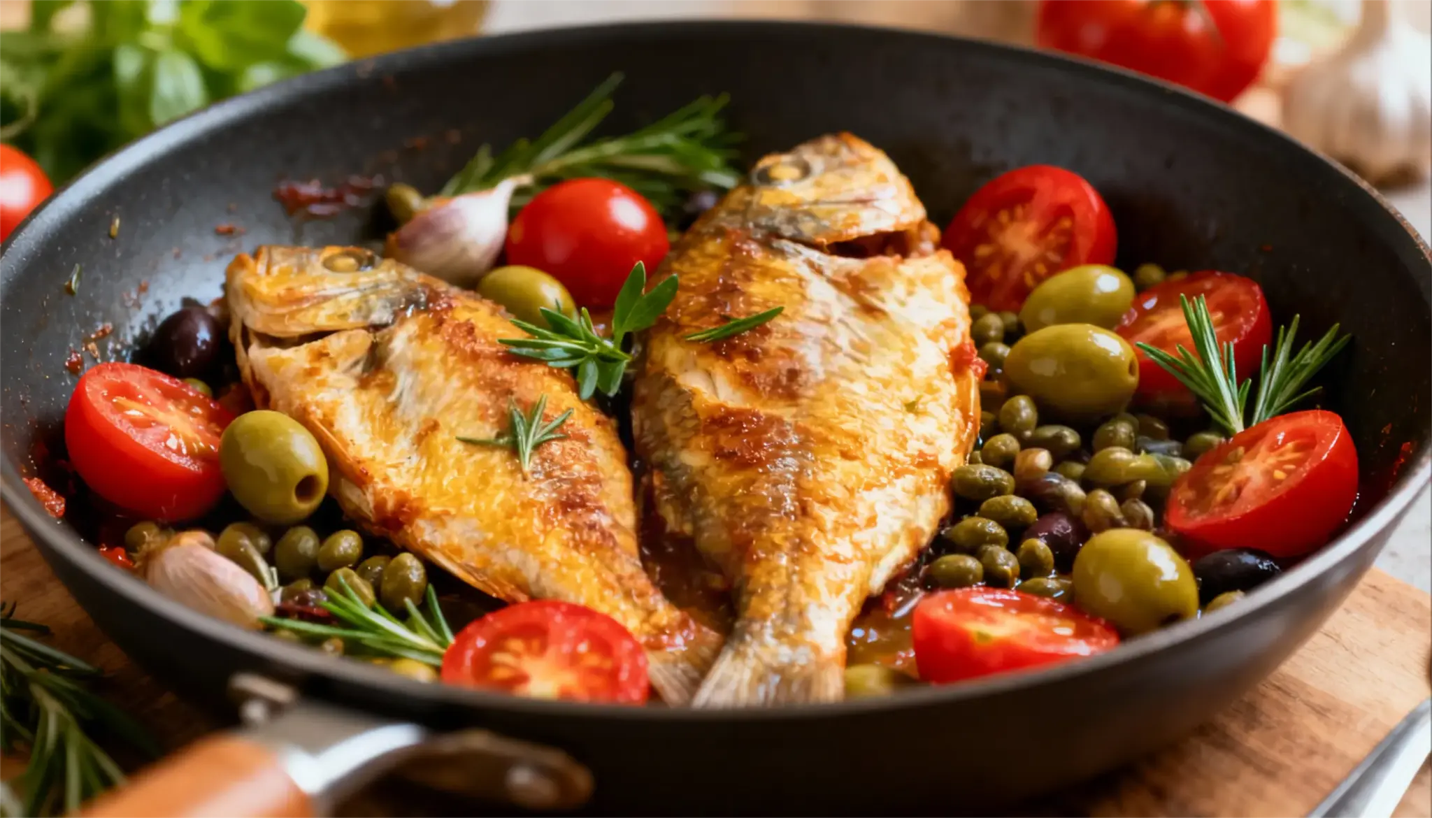 Mediterranean Fish Sauté, garnished with rosemary, cherry tomatoes, green olives, and capers in a dark skillet
