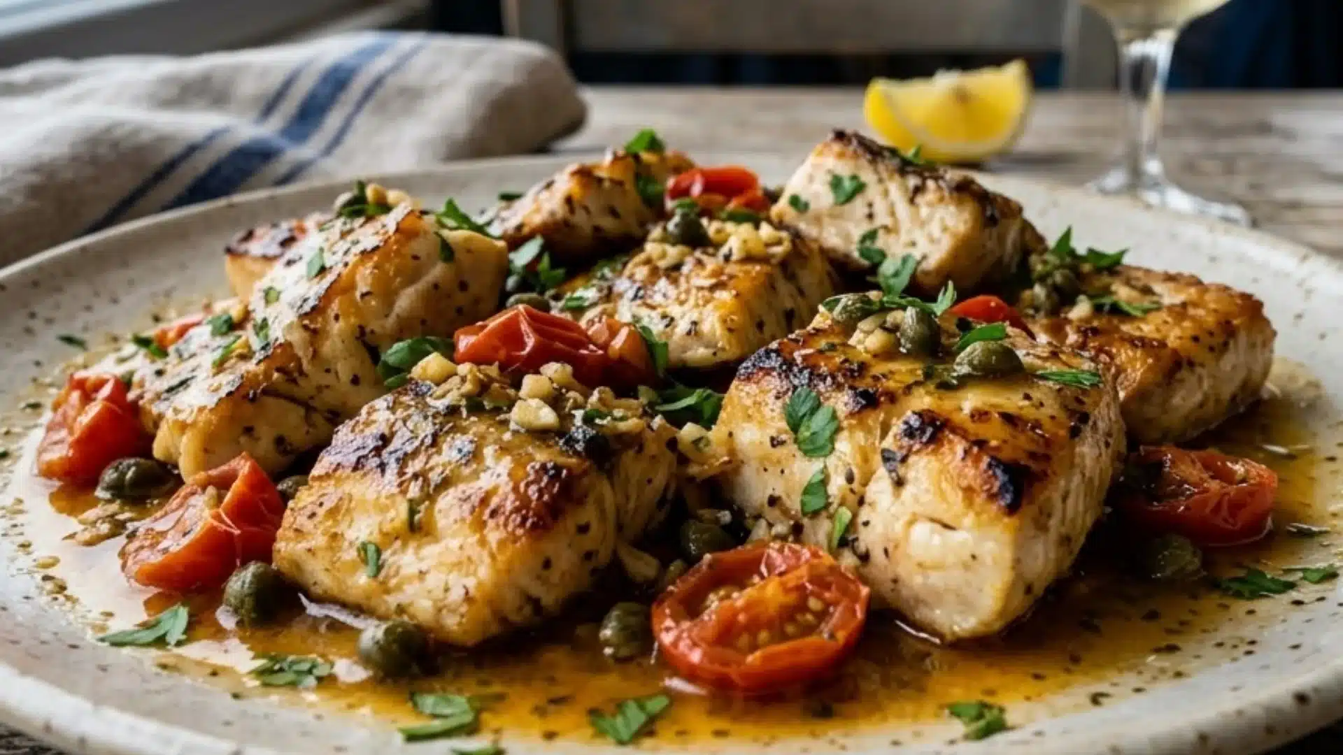 Mediterranean Fish Sauté, topped with capers, diced tomatoes, herbs, and lemon butter sauce, served on a white plate