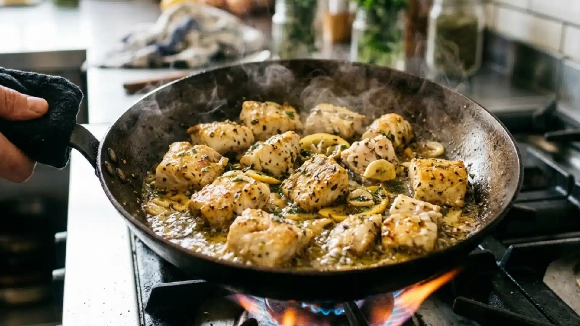 Mediterranean Fish Sauté with lemon slices in a dark skillet over a bright blue gas flame on a stovetop in a kitchen setting