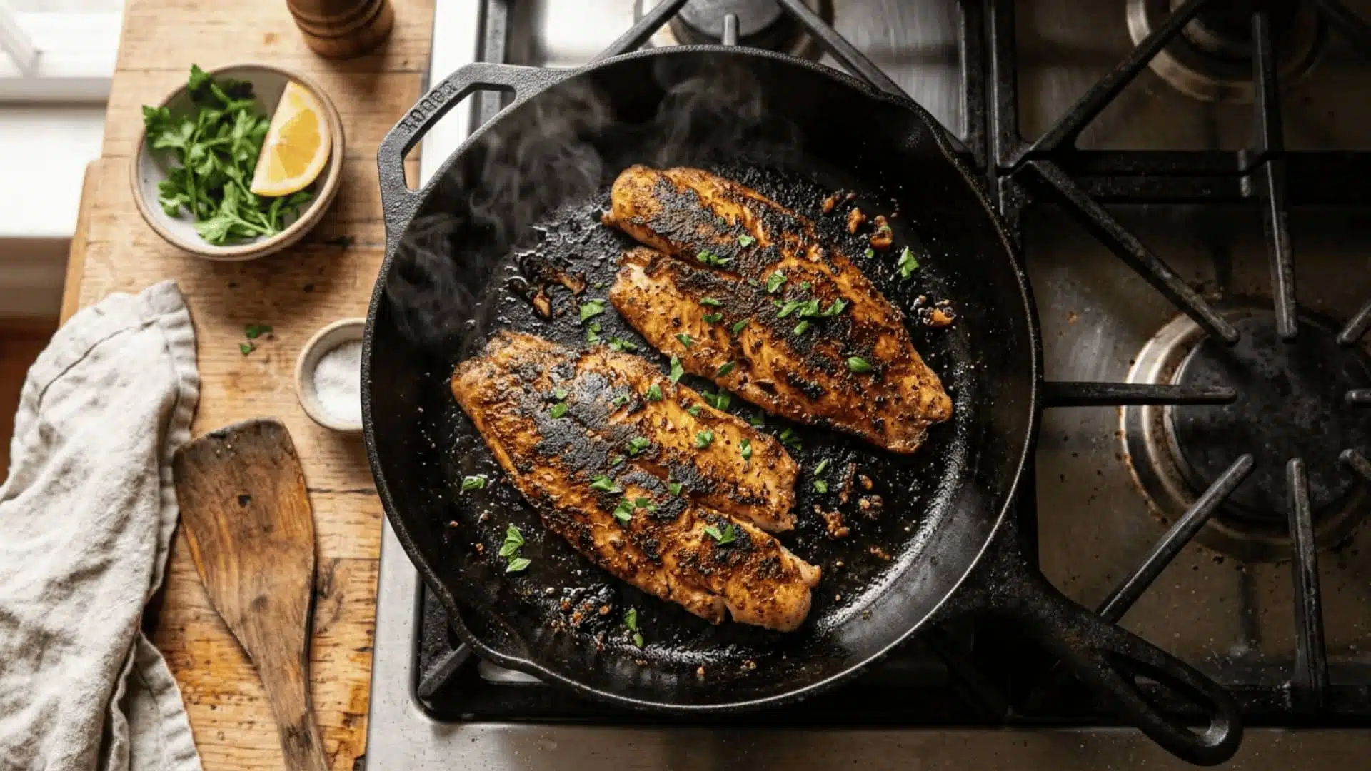 Overhead shot of two blackened catfish fillets in a cast-iron skillet on a rustic stovetop