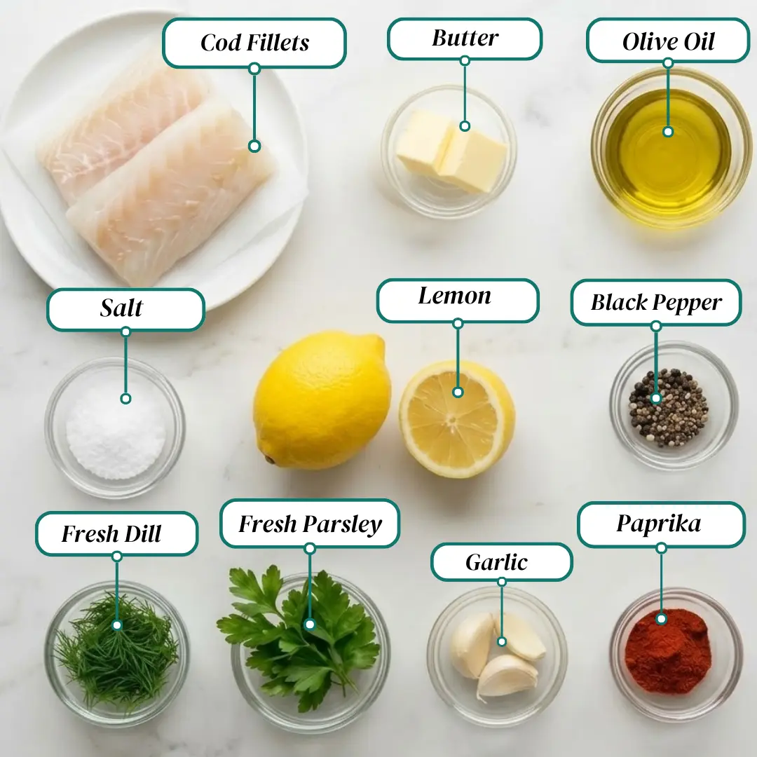 Overhead view of ingredients raw cod fish fillets butter oil salt lemons pepper dill parsley garlic paprika in bowls on marble table (1)