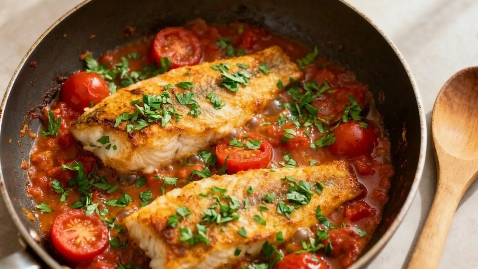 Overhead view of two pan seared fish fillets in a tomato and cherry tomato sauce with fresh parsley garnish in a skillet