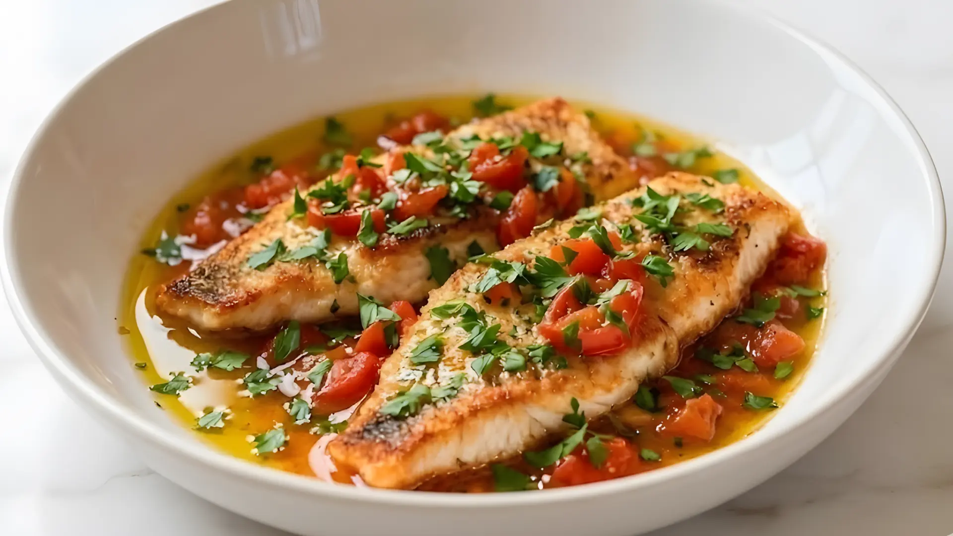 Pan seared Tomato Basil Fish Fillets with olive oil garlic and parsley in a white bowl on a stone table