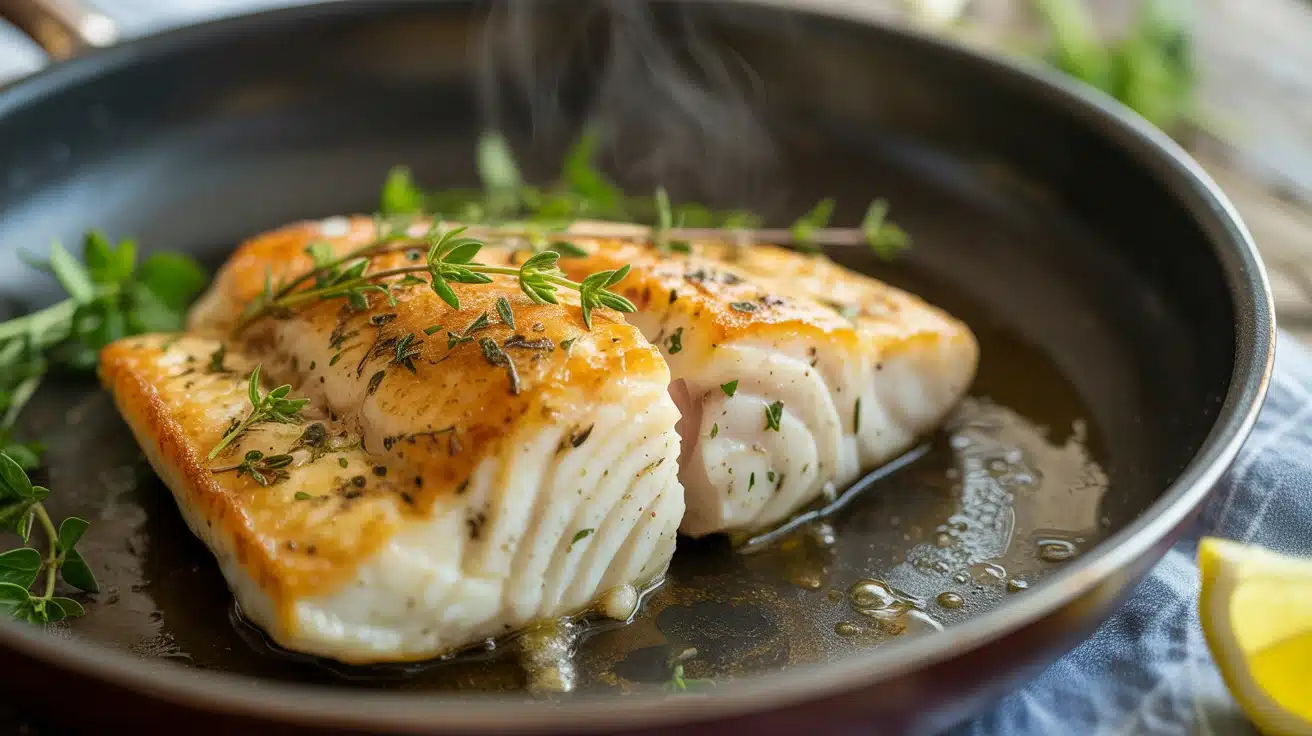 Pan-seared cod fillets with a golden crust and fresh thyme sprigs steaming in a black skillet