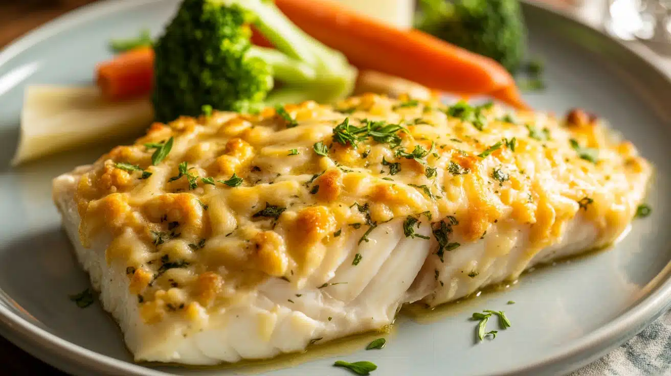 Parmesan Herb Baked Haddock fillet topped with melted cheese and chopped parsley, served alongside steamed carrots and broccoli
