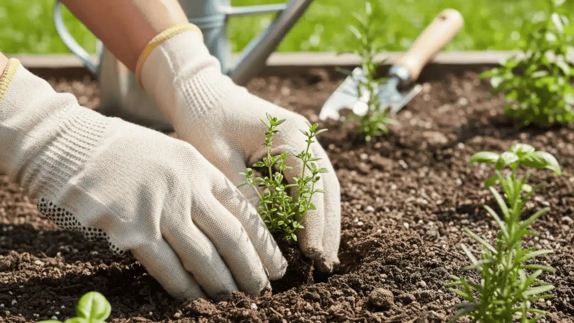 Planting thyme seedling in a sunny garden bed with well-drained soil and proper spacing.