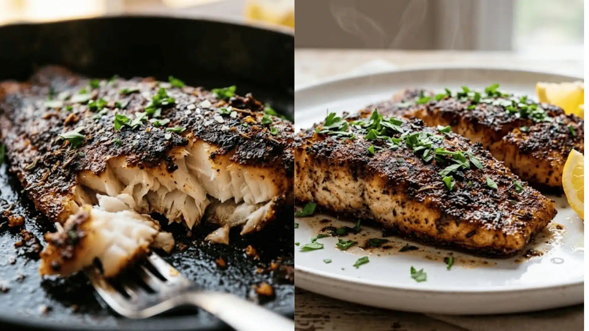 Plated blackened catfish fillets with parsley, lemon wedges, and rising steam on a white plate